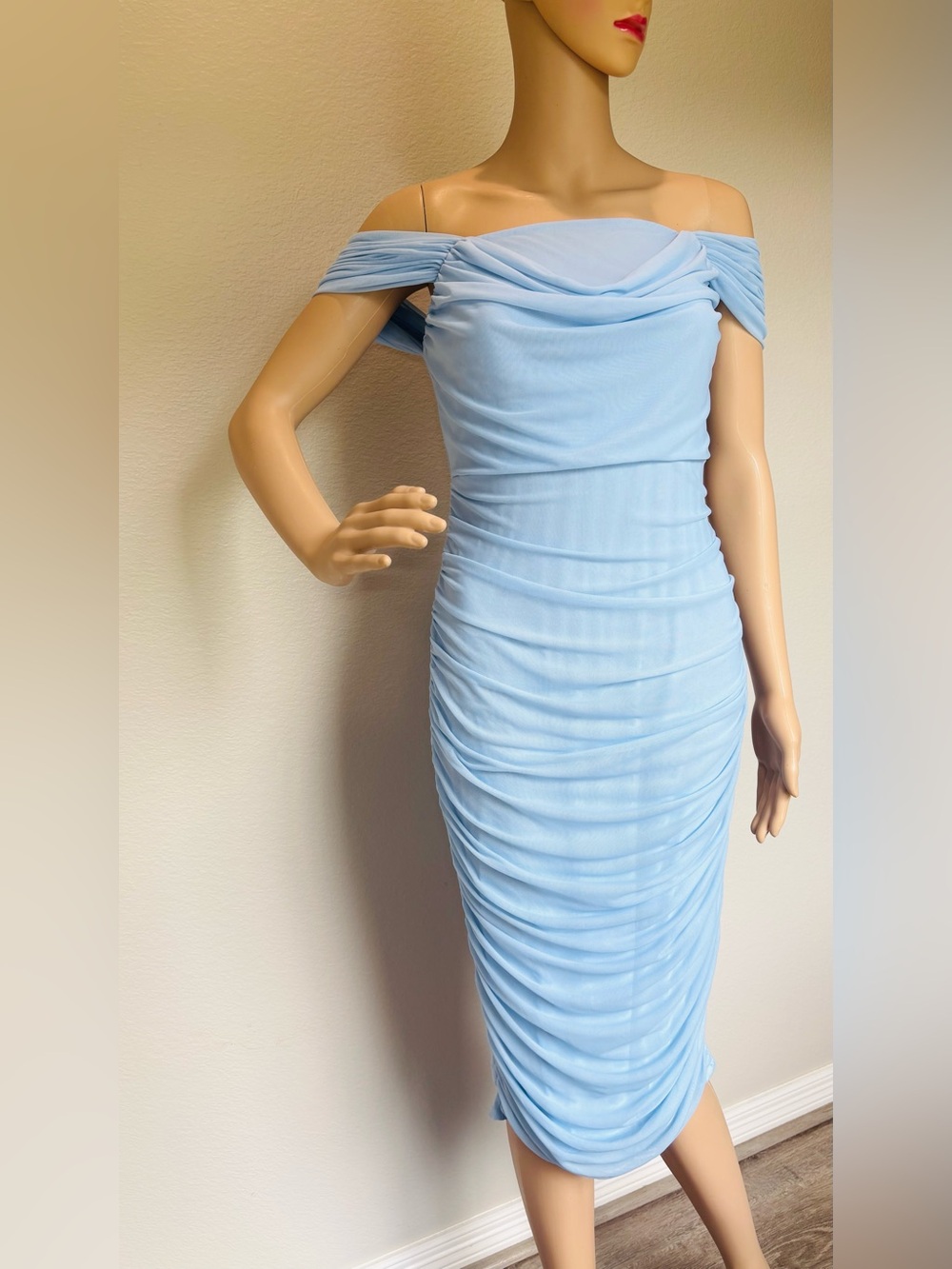 SHEIN Light Blue Ruched Midi Dress Elegant size Large NWOT - Picture 11 of 12
